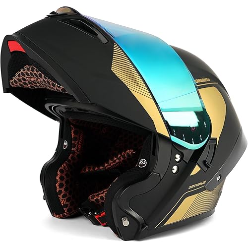 Orthrus Modular LED Full Face Motorcycle Helmet - DOT Approved Flip-Up Dual Visor Sun Shield & Bluetooth Ready for Adults Men Women - Street Bike/Motocross (Dobermann Gold, XL)