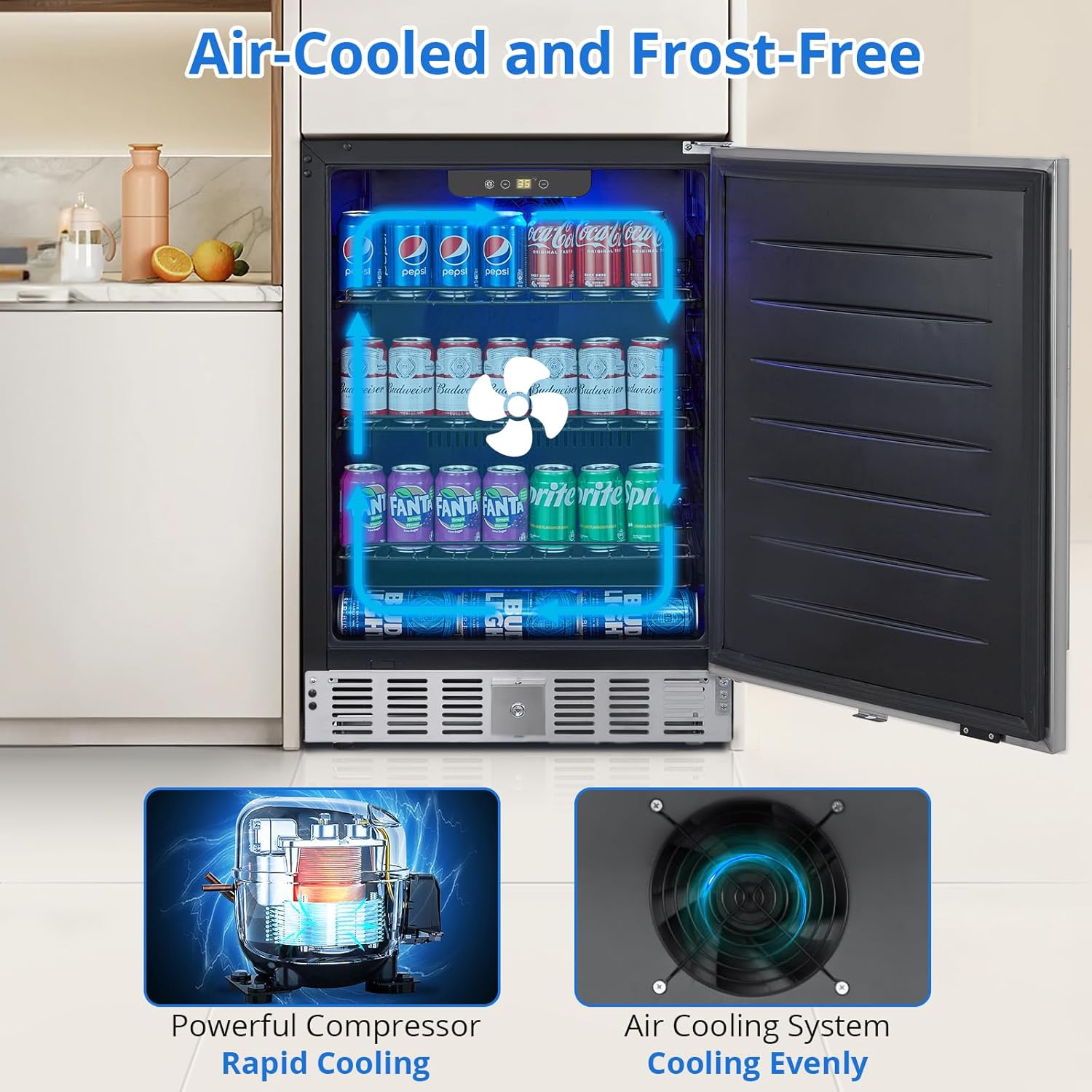 24 Inch Beverage Refrigerator, Weather Proof Stainless Steel Beverage Fridge for Outdoor Kitchen and Patio, Indoor/Outdoor Beverage Cooler for 180 Cans, Built-in/Freestanding