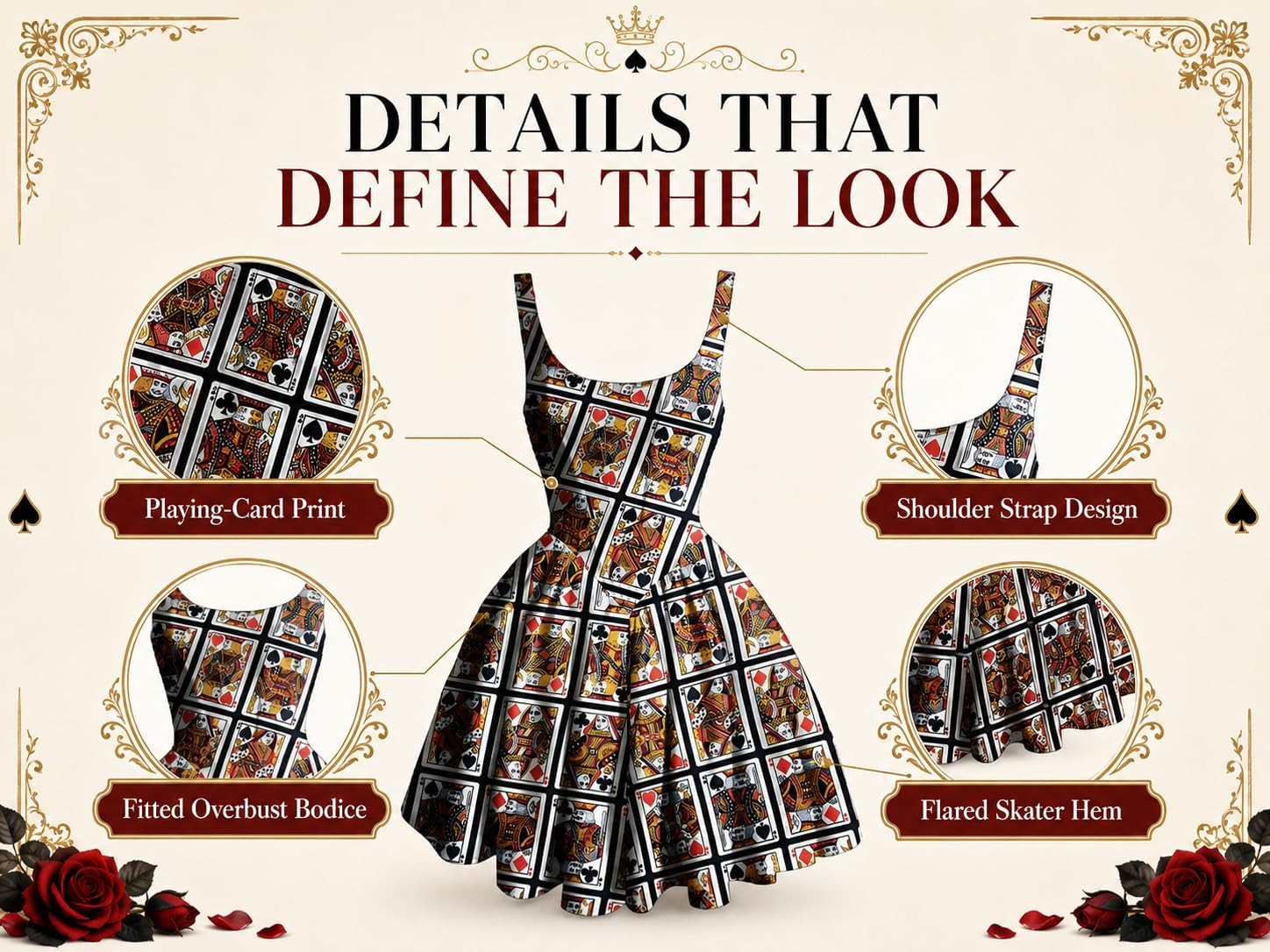 Women's Playing Cards Printed Satin Overbust Corset with Shoulder Strap Gathered Dress