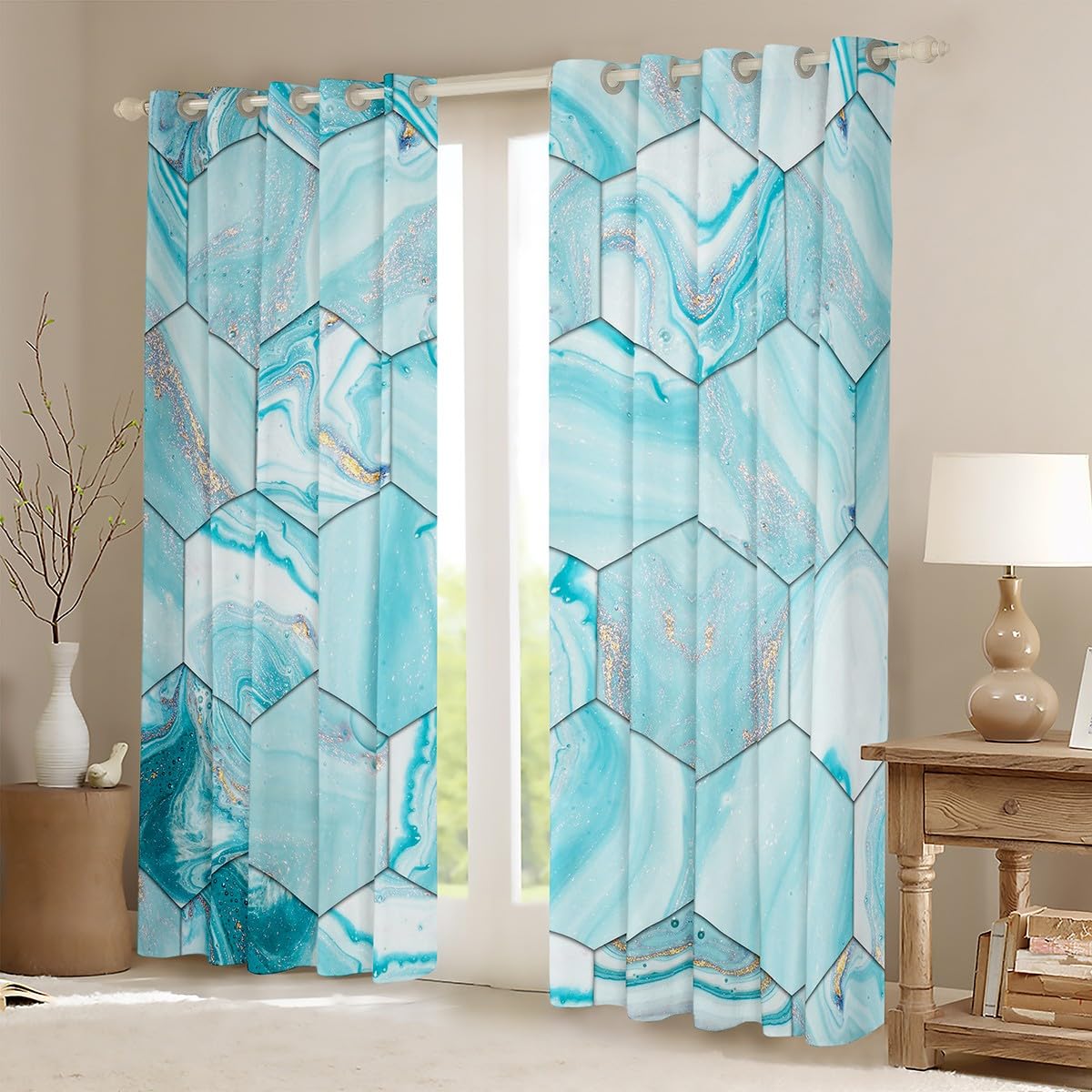 Blue Marble Curtains & Drapes Boys Girls Geometry Abstract Art Blackout Curtains Beehive Marbling Honeycomb Curtains Kids Watercolor Geometric Ink Fluid Window Curtains 52''Wx84''L