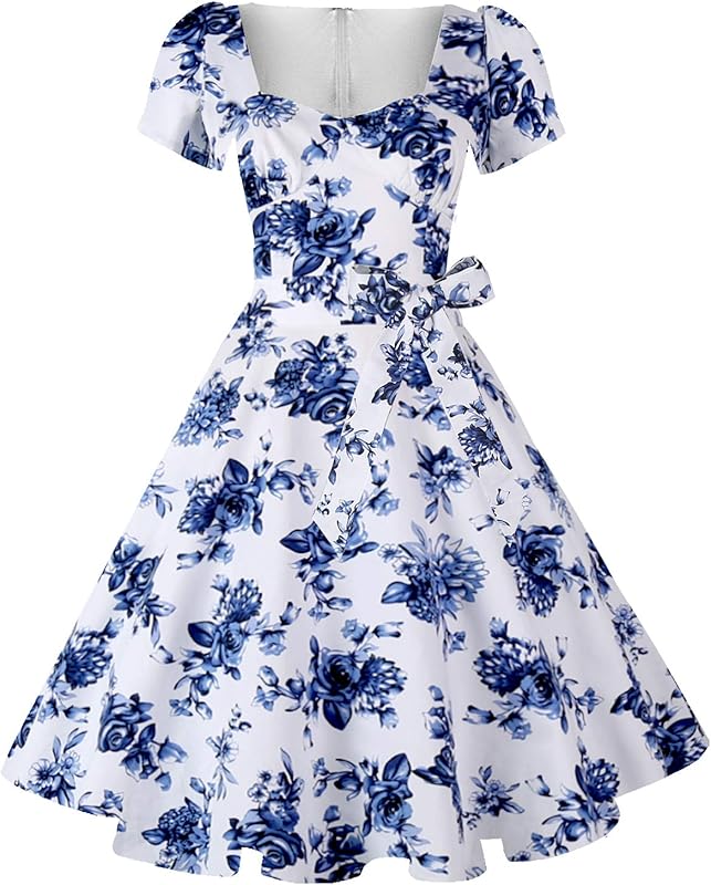 فستان نسائي من غوبغز بتصميم كلاسيكي مستوحى من خمسينيات القرن الماضي - أكمام منفوخة، ياقة مربعة، مع جيوب، على طراز الروكابيلي