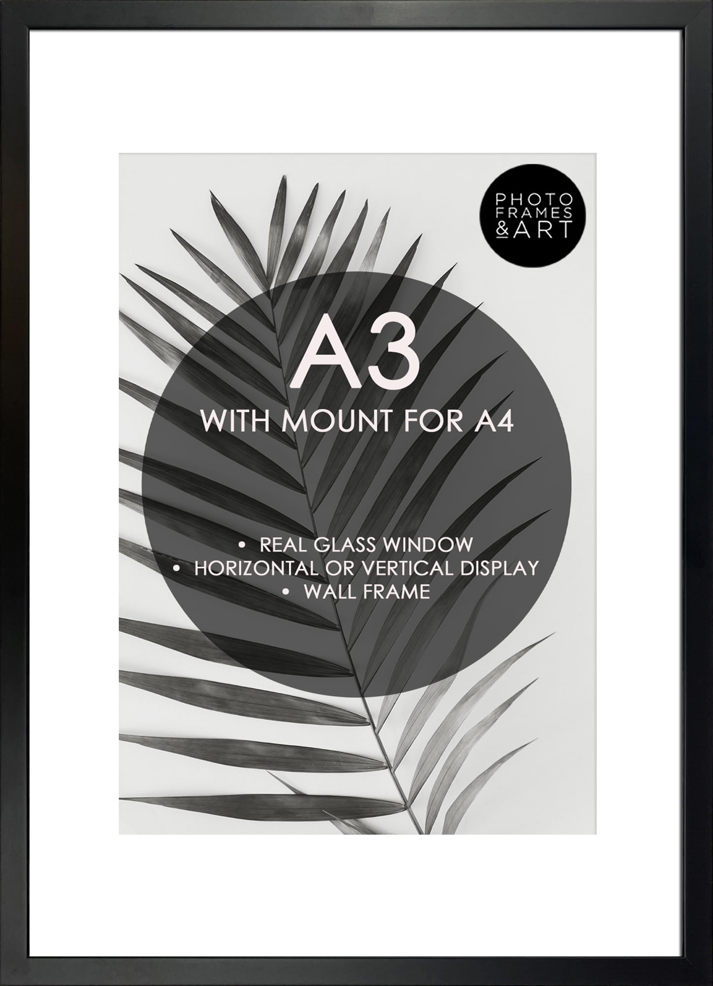 pf+a REAL GLASS A3 Wooden Frame With Mount For A4 - Winchester Black Frame With Glass - A3 for A4 Picture Frame - A3 Black Wooden Frame