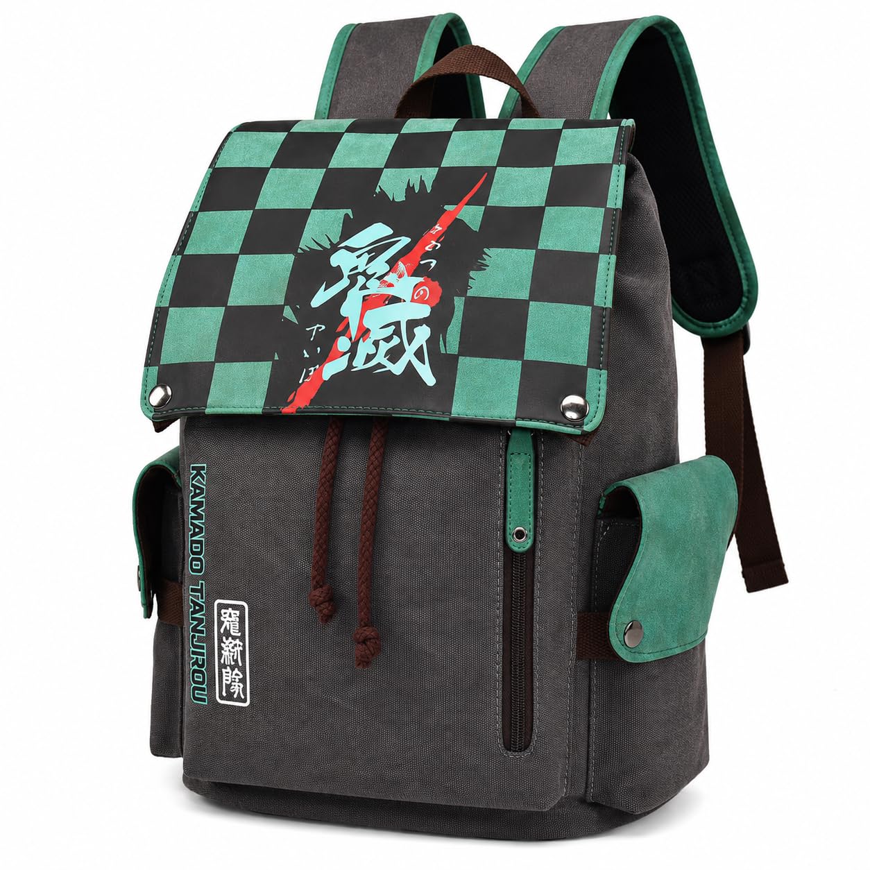 Demon Slayer Tanjiro Anime Backpack for Boys Girls, 15.6 Inch Laptop Backpack, Canvas PU School College Bag for Men Women, Travel Bag Drawstring Closure, Front Zipper & Side Pockets-image-25