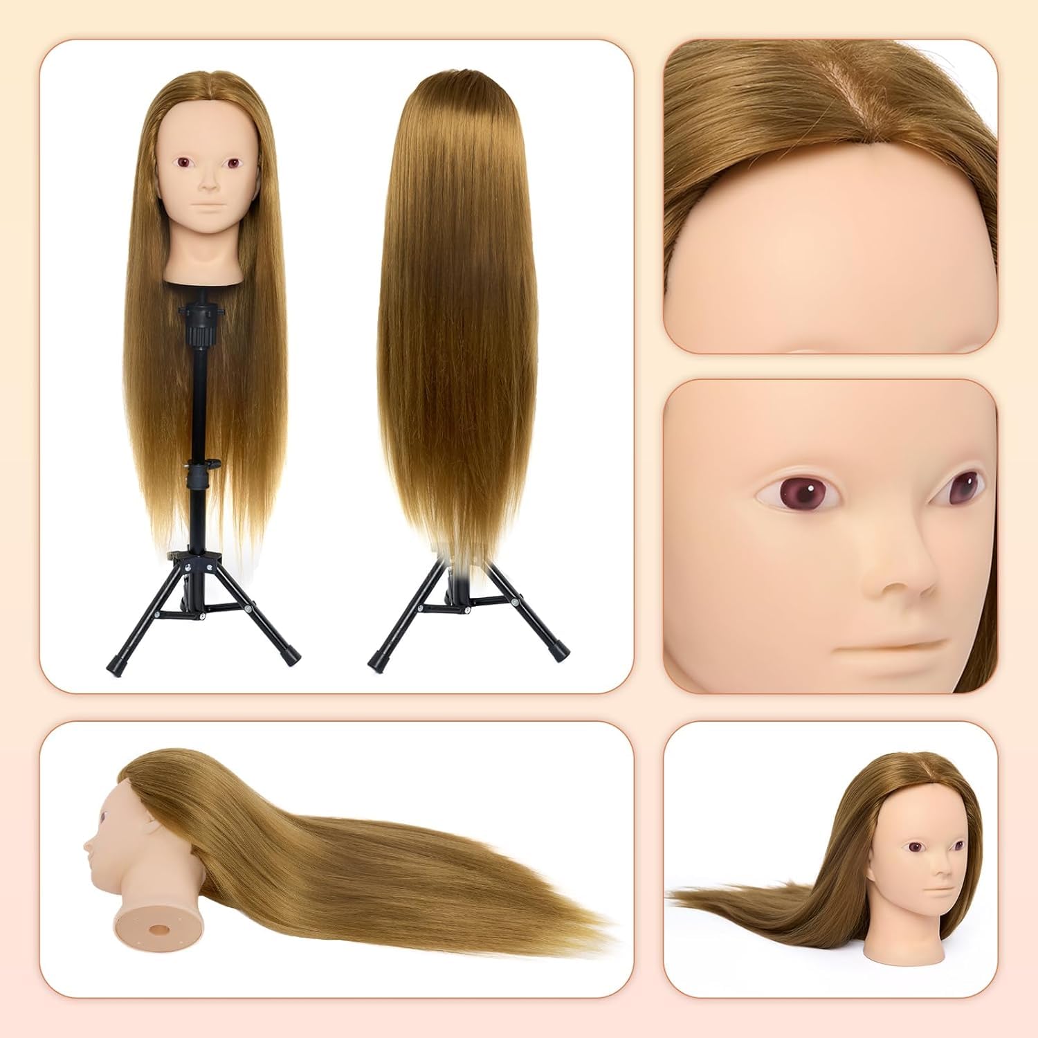 Schminkkopf 50% Echthaar mit Ständer 24" Frisierkopf Friseur Friseurkopf | Trainingsköpfe Übungskopf Puppenkopf Ausbildung Kopf Mit Halter + Hair Styling Braid Set