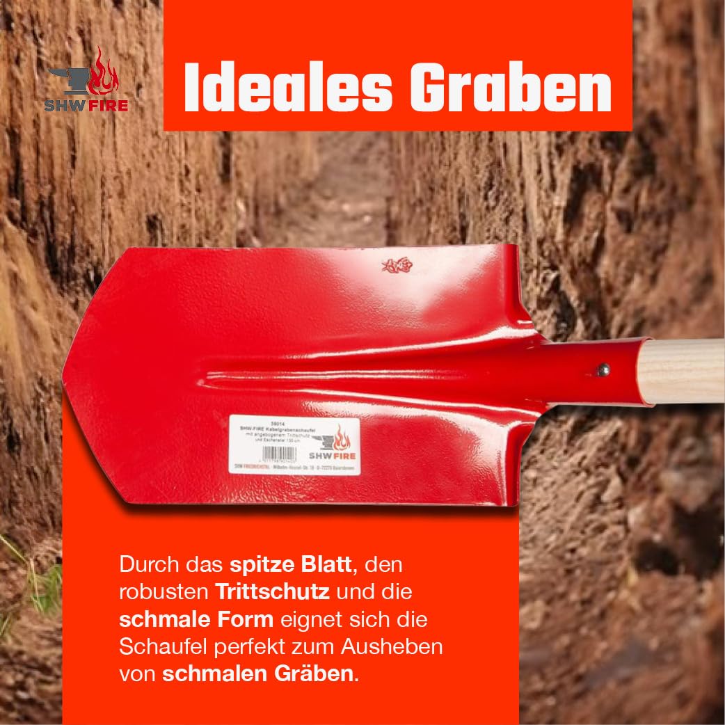 SHW-FIRE | Kabelgrabenschaufel 30x16 cm mit Trittschutz, robuster Spezialstahl, Langer Eschenholzstiel, ideal für schmale Gräben, Schaufel für Drainagen & Kabelverlegung | Made in Germany