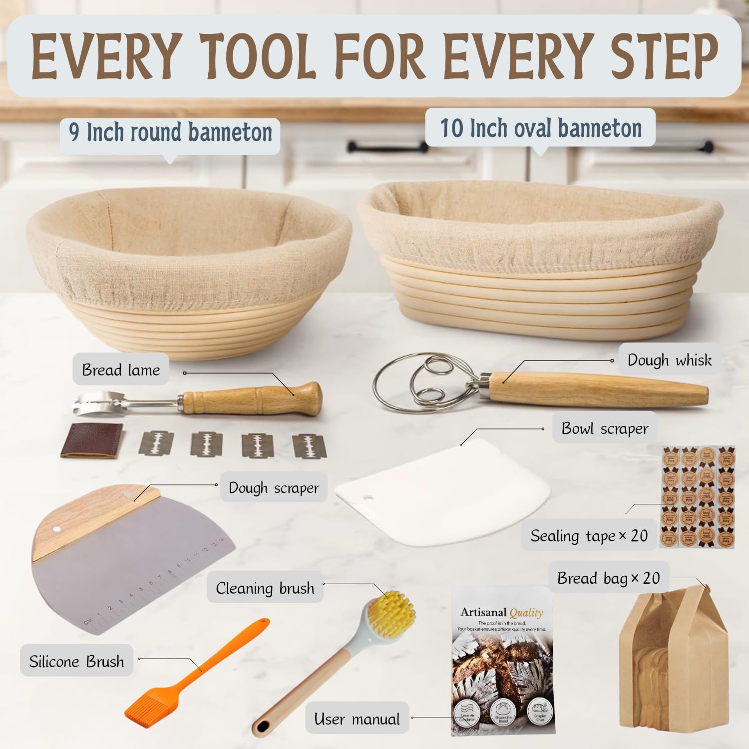 FHDLUIAN Sourdough Starter Kit,Banneton Bread Proofing Basket,9