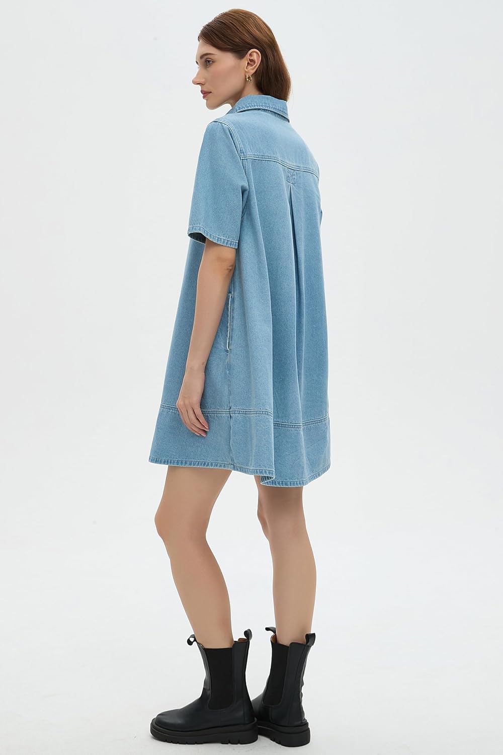 Womens Denim Shirt Dress Collared Button Up V Neck Casual A Line Jean Dresses Blue - Image 5