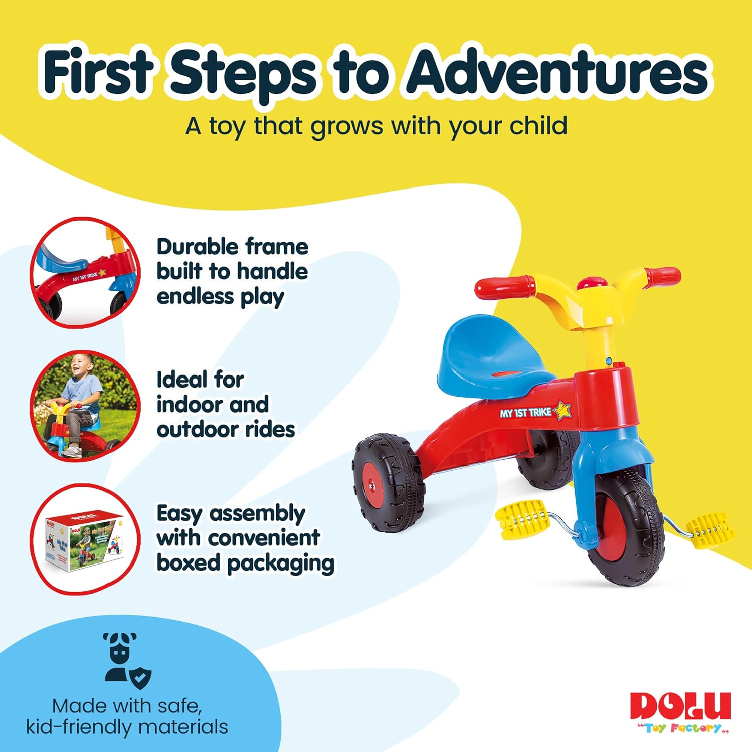 Dolu My First Trike Ride On Toddler Tricycle with Horn and Durable Plastic Construction for Kids Ages 2 to 5, Indoor and Outdoor Play, Red