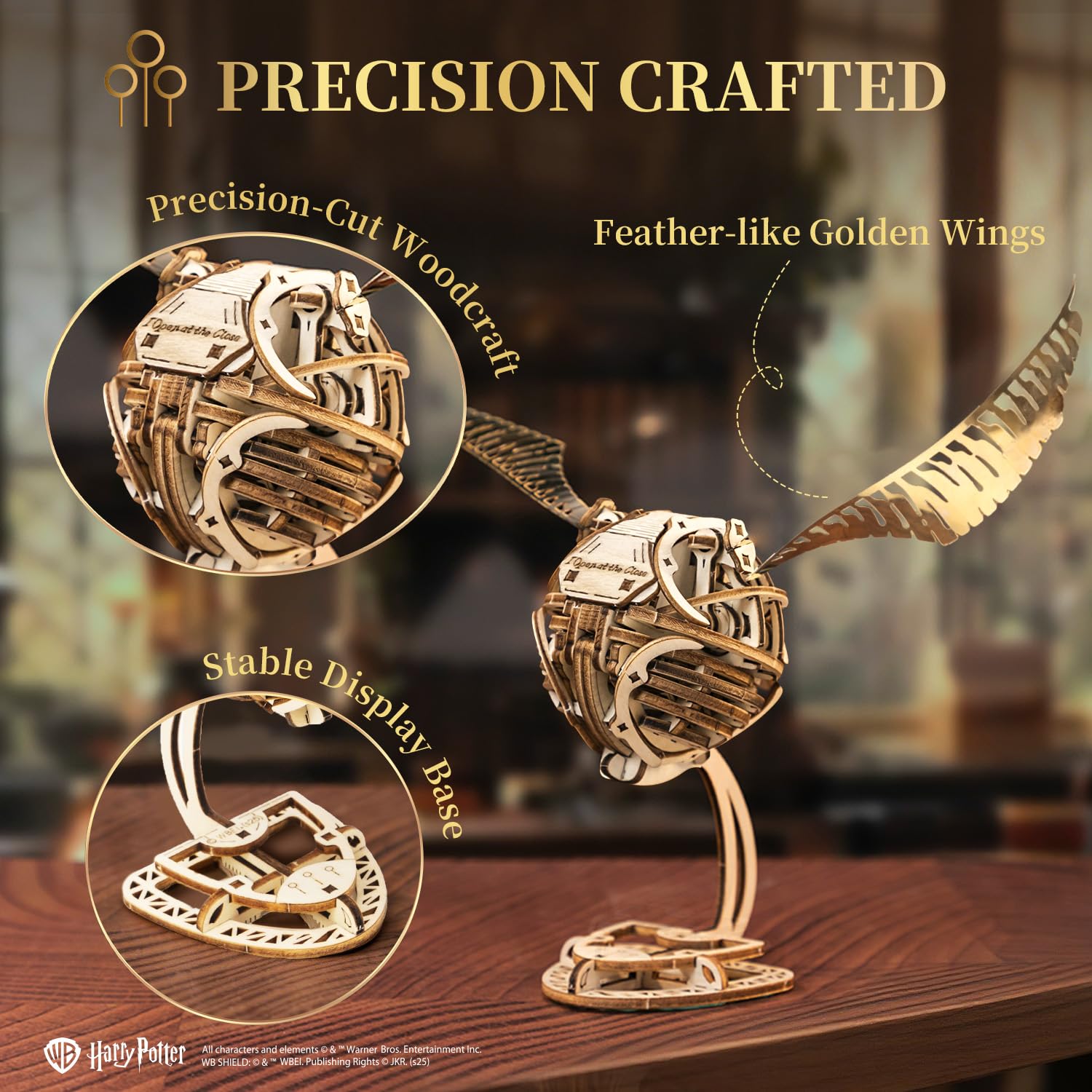 PUREMIND Harry Potter Vif d’Or, Puzzle 3D en Bois, Maquette à Ailes Mobiles | Sous licence officielle, cadeaux Harry Potter, mécanisme manuel, détails dorés, kit DIY, objet de collection, déco en vitrine
