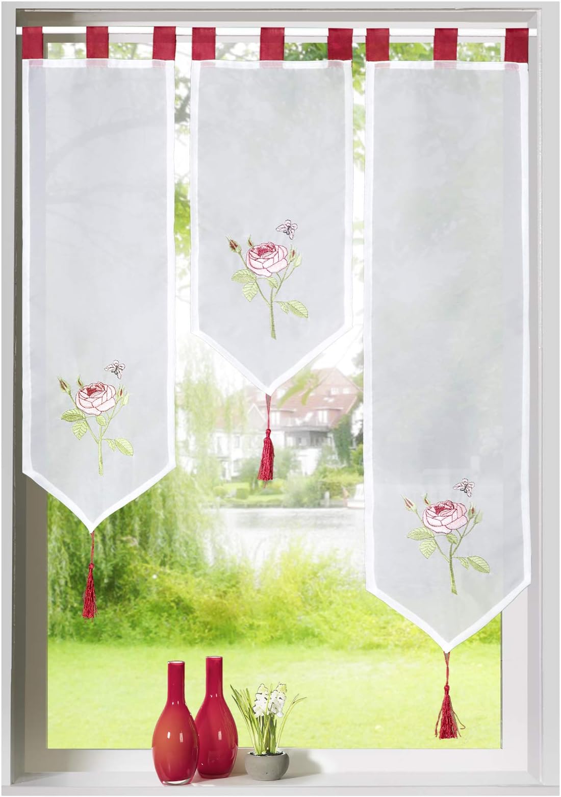 3-teiliges Scheibengardinen-Set Voile Mit Stickerei – Rosa Blumenlamellen 20x50 Cm + 20x70 Cm