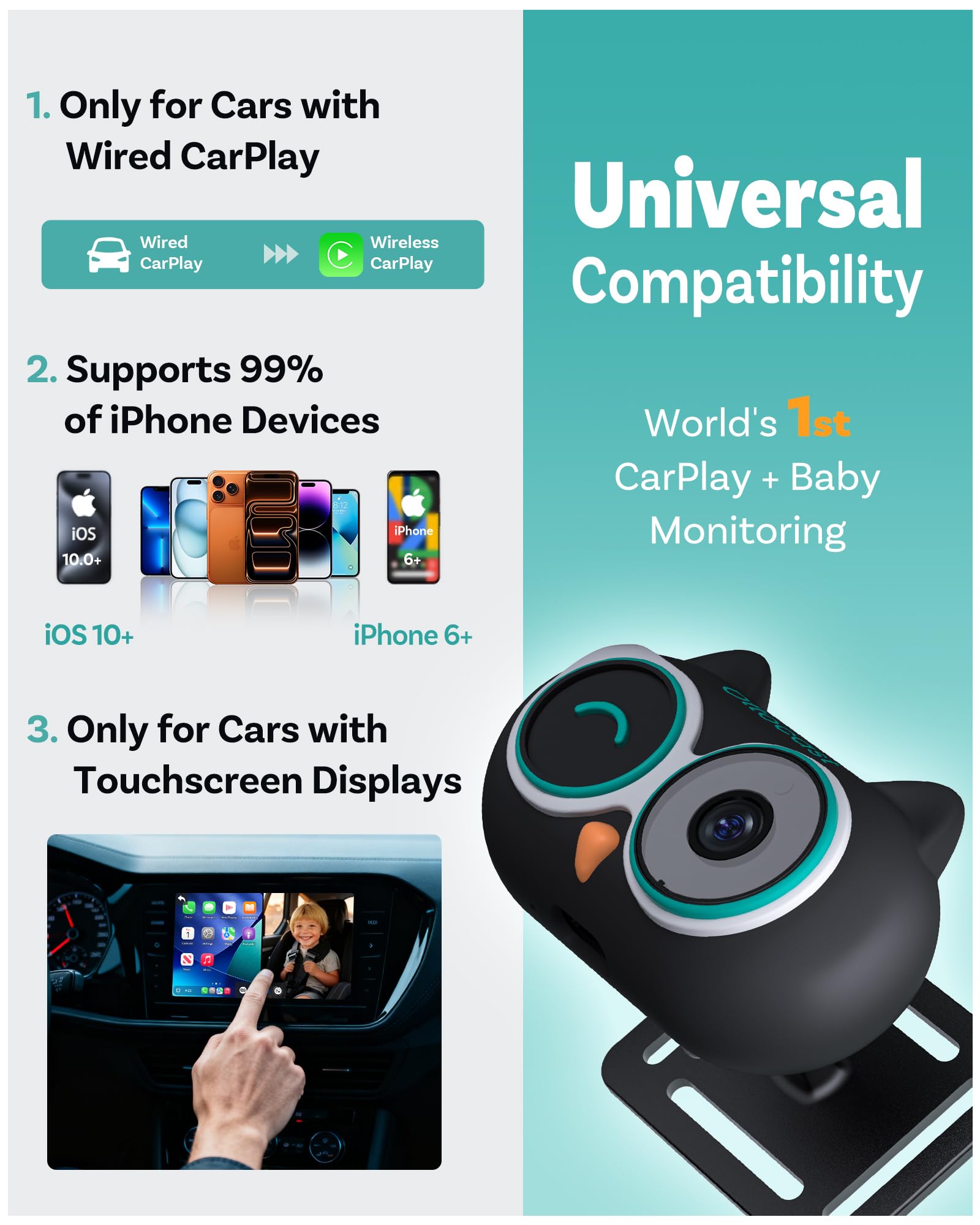 OTTOCAST Adaptateur de cabine 2025 en 1 pour caméra de voiture pour bébé et adaptateur CarPlay sans fil, aucun écran supplémentaire nécessaire, moniteur bébé de voiture 1080p pour vision nocturne