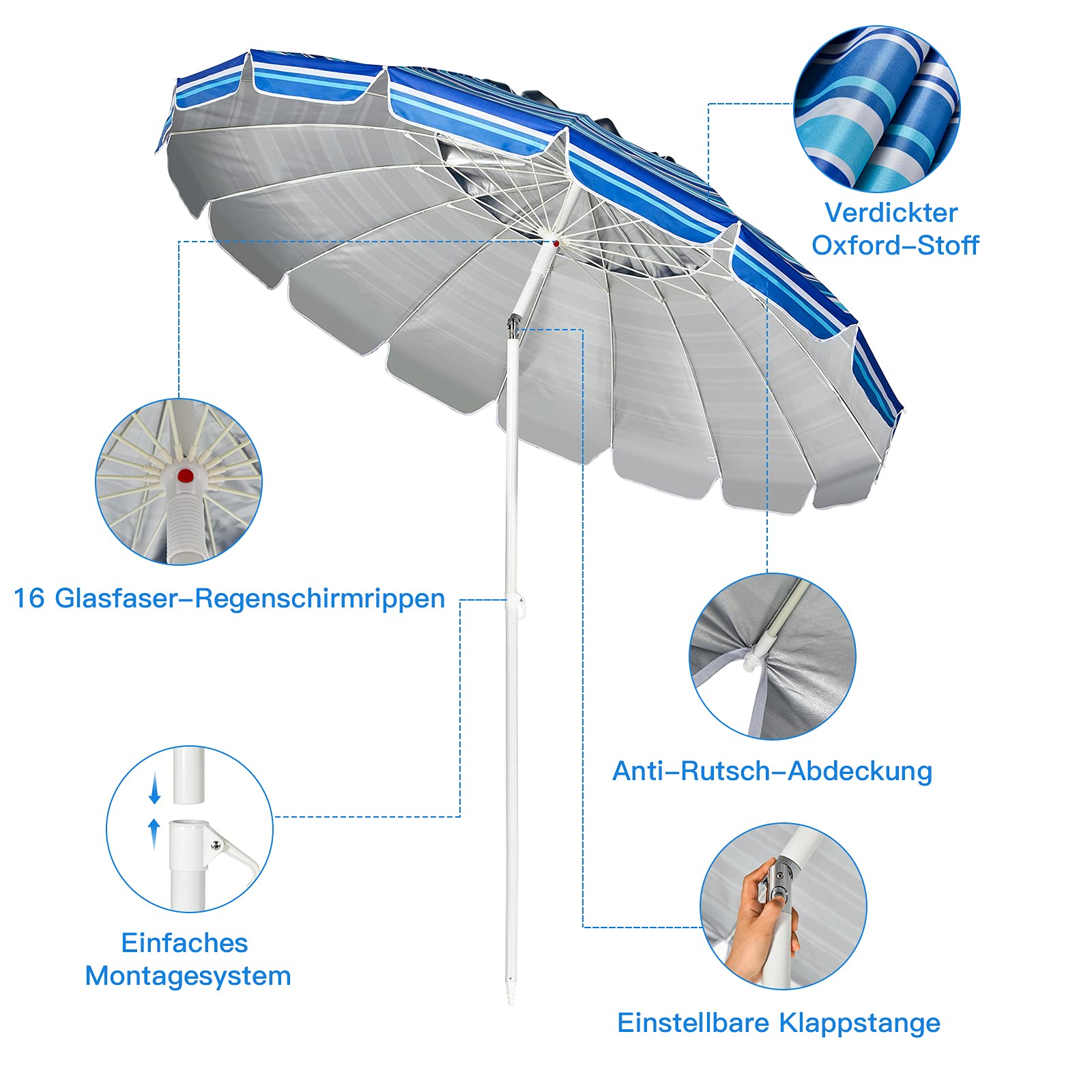COSTWAY 220 cm Sonnenschirm Strand, Strandschirm windfest stabil, UPF 50+, 30° knickbar, Sonnenschutz mit Erdspieß für Balkon, Garten & Terrasse