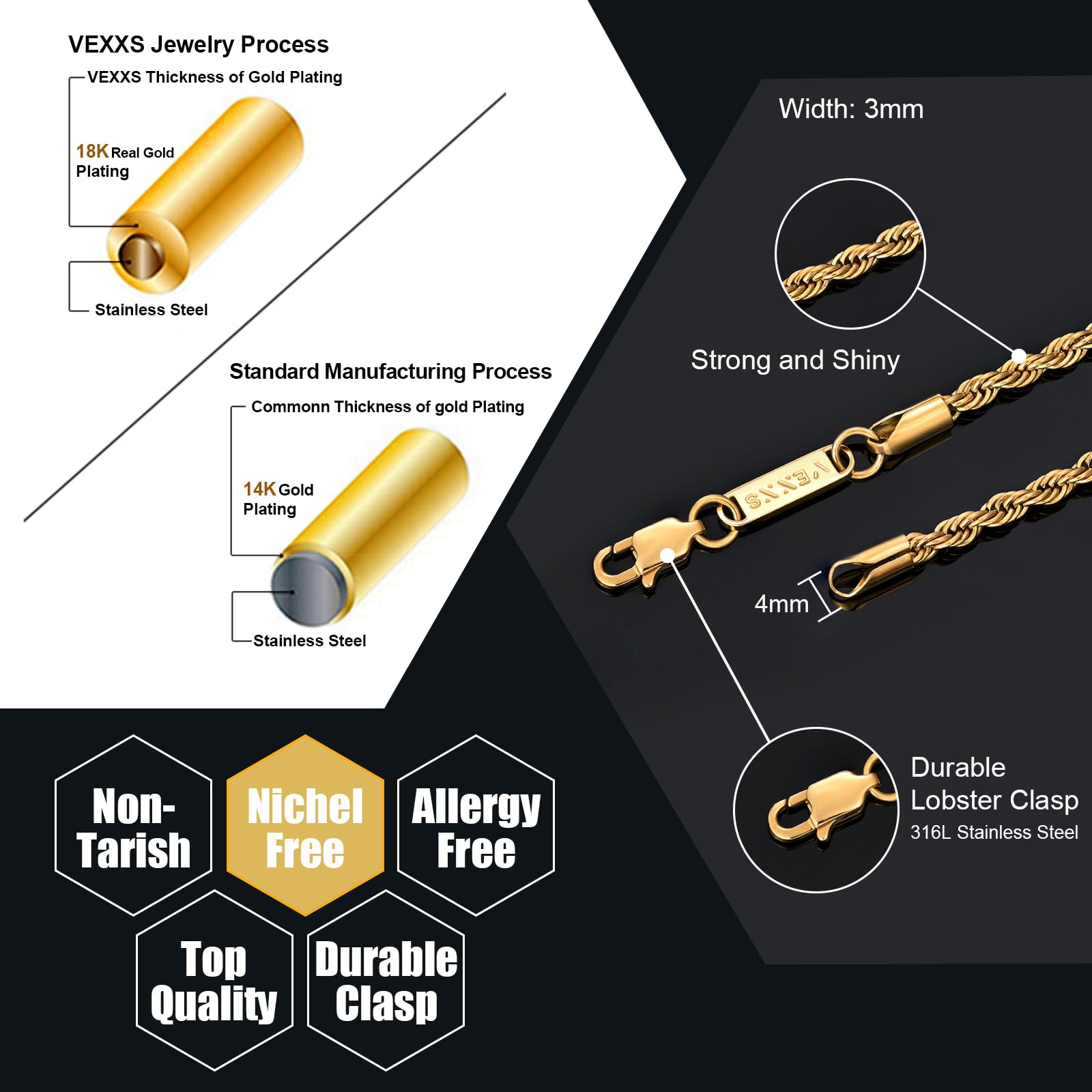 VEXXS EXXS Goldkette Herren Kordelkette,18 Karat Vergoldet 3/4/5mm Edelstahl halskette Herren Kette,Goldkette für Herren Damen Männer Jungen, Schmuck Geschenk,46-66cm