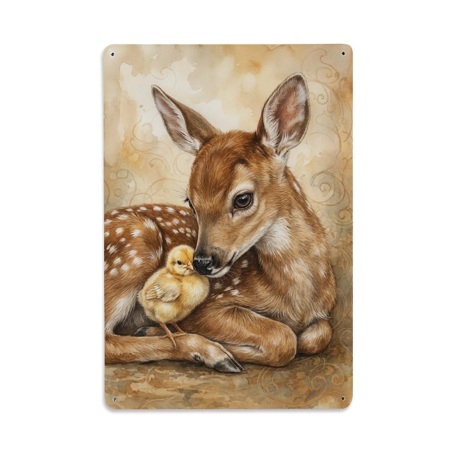 Vintage Animal Cute Fawn & Chick Animal Friendship Metal Tin Sign