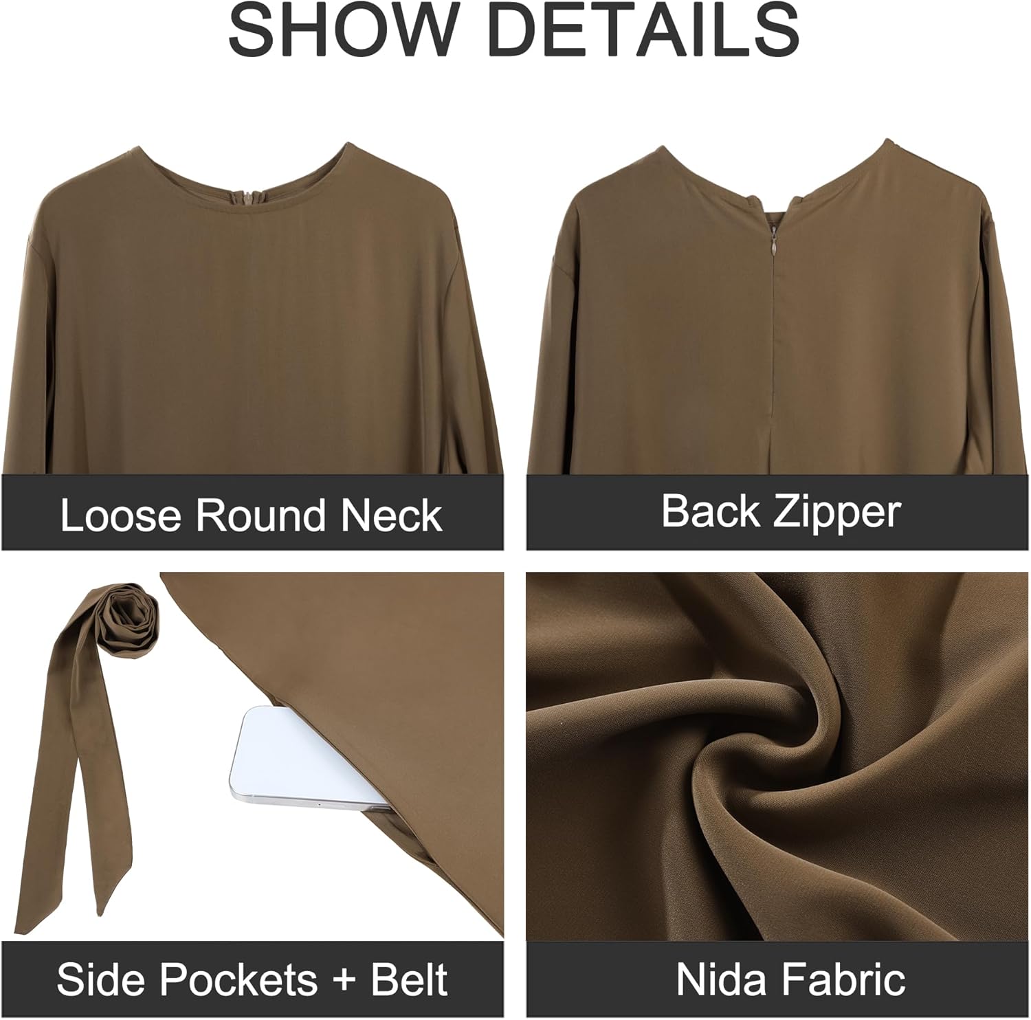Abaya Dress for Muslim Women Light Smooth Back Zipper Prayer Robe Multiple Colors Flowing Maxi Abaya Dress with Belt