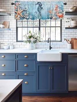Blue Coastal Seahorse Valances for Windows, Summer Beach Kitchen Curtains Window Treatment, Nautical Starfish Botanical Rod Pocket Short Window Valances for Living Room/Bedroom, 42