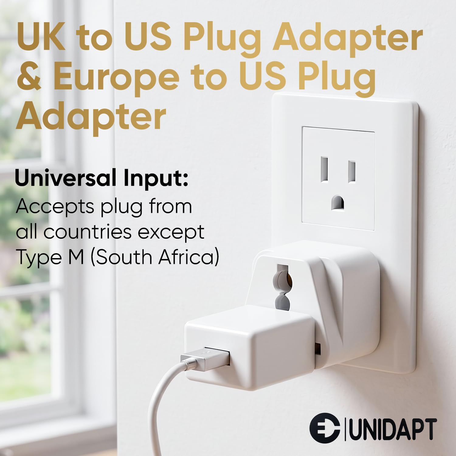 UK to US Travel Adapter, India to US Plug Adapter, Unidapt Adapters for USA, 2-Pack, Plug Converter, USA Travel Adapter, EU to US with Dual Inputs, Universal to American Outlet Plug