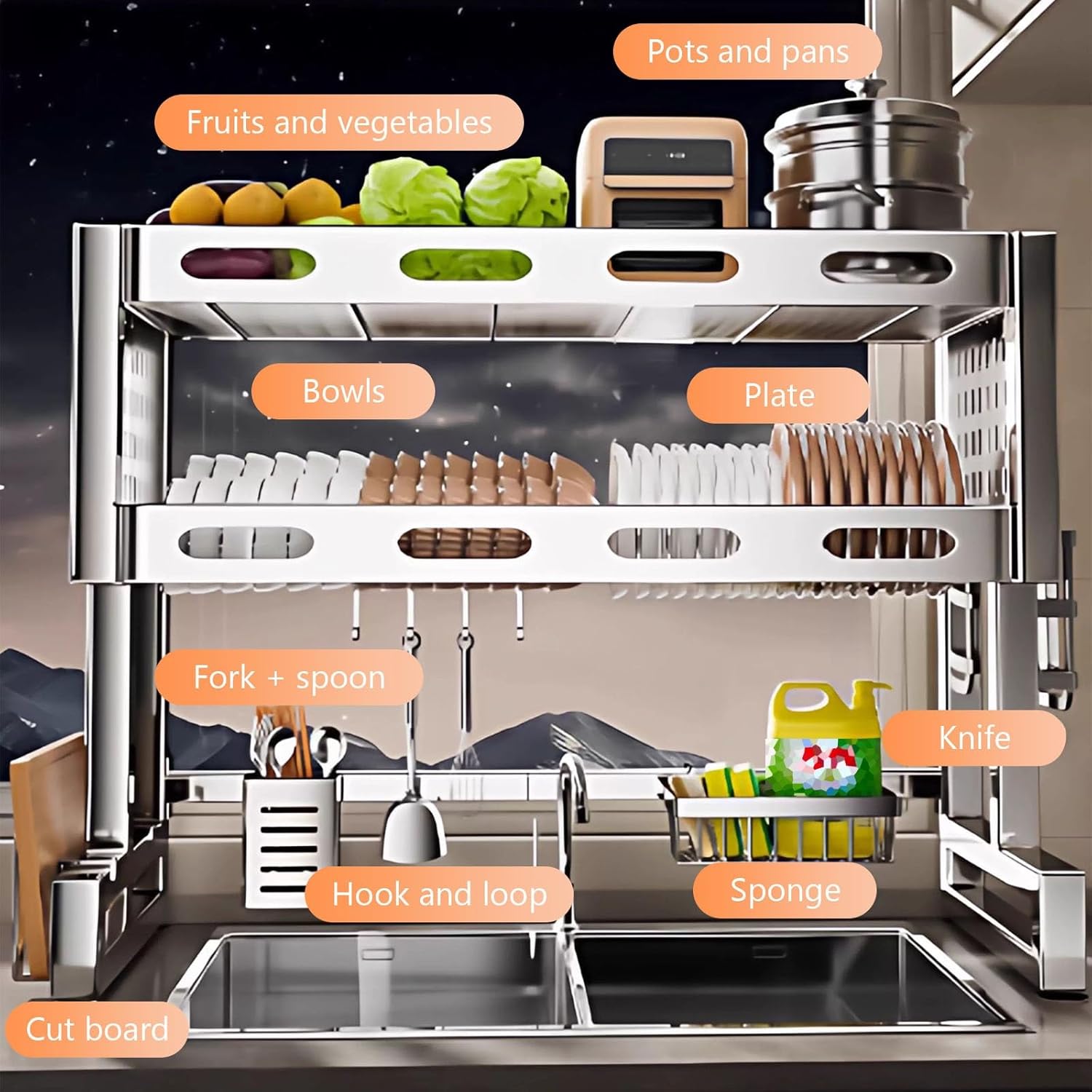 ステンレススチール製シンク上食器乾燥ラック。ボウルや調理器具のサポート付きキッチンカウンタートップオーガナイザー。省スペースで耐久性