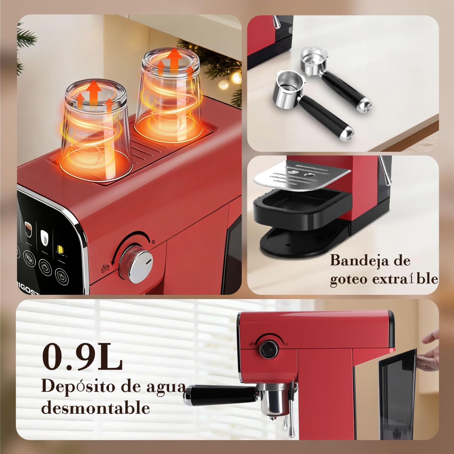Aigostar Cafetera Espresso 20 Bares para Cápsulas y Café Molido Inox, Rojo | Panel táctil, espumador de leche, 1 o 2 tazas, depósito de 0,9 L, 1350 W, ideal para espresso, capuccino y latte