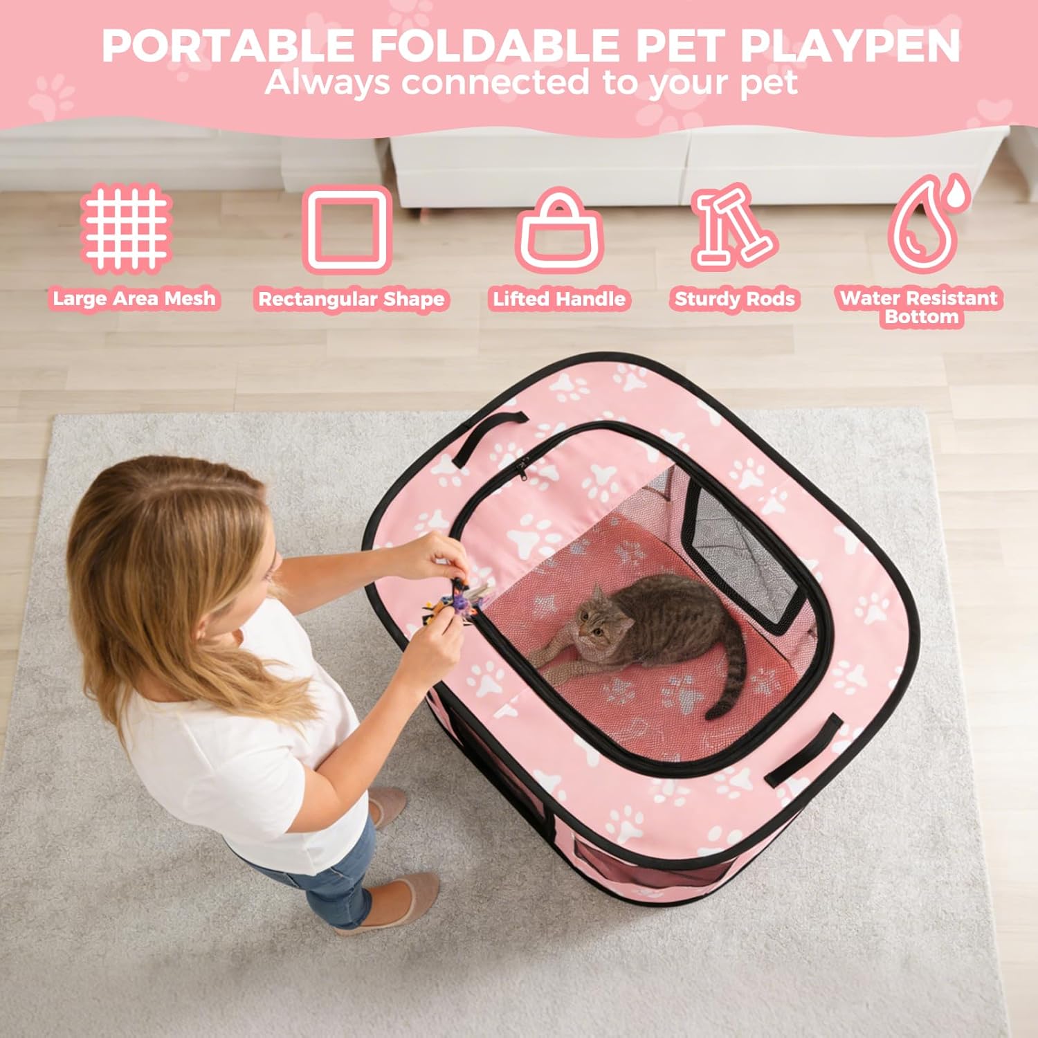Homimp Portable Pet Playpen for Indoor Cats & Puppies, Foldable Dog Playpen Outdoor Tent Crate Cage with Pee Pad & Carry Bag, Pet Crate with Mesh Sides for Small Animals Travel, Pink S
