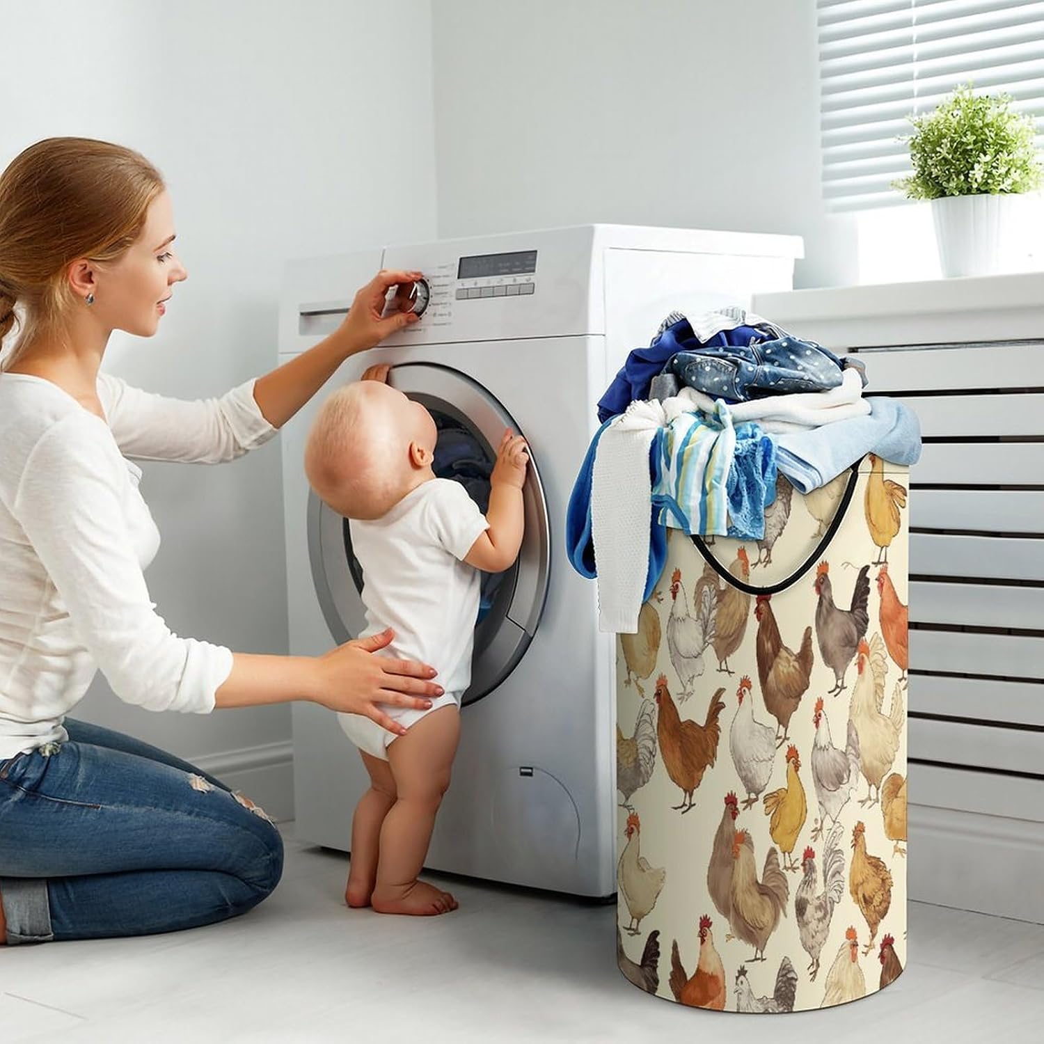 A Brood of Chickens Laundry Basket 86L Laundry Hamper | Collapsible Clothes Hamper with Reinforced Handles Waterproof Tall Foldable Dirty Clothes Basket for Hotel, Home, Closet