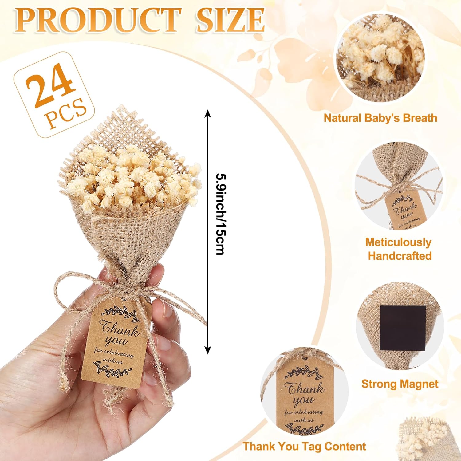 kingdder 24 pcs mini magnet dried flower bouquets baby shower favors for guests rustic babys breath bridal shower wedding baptism favors with thank you cards return gifts wedding souvenir(white)