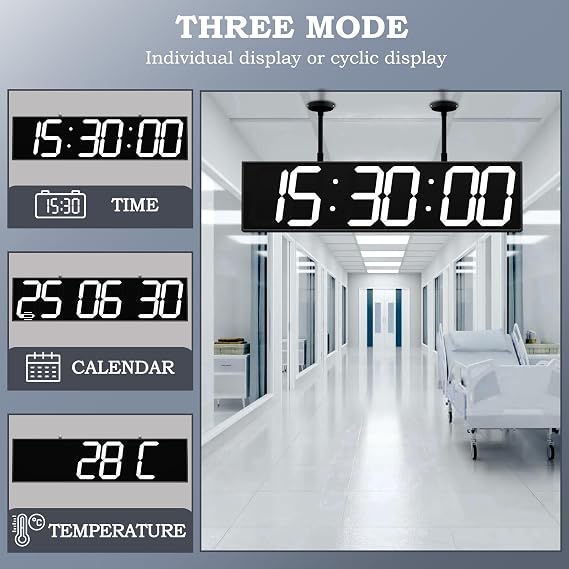 CHKOSDA 28.4 Digital Clock with Large Display,Hanging Clock with Clearly Visible Large Digital Double-Sided Display,Multi-Function Led Clock with Temperature and Calendar Display (White)
