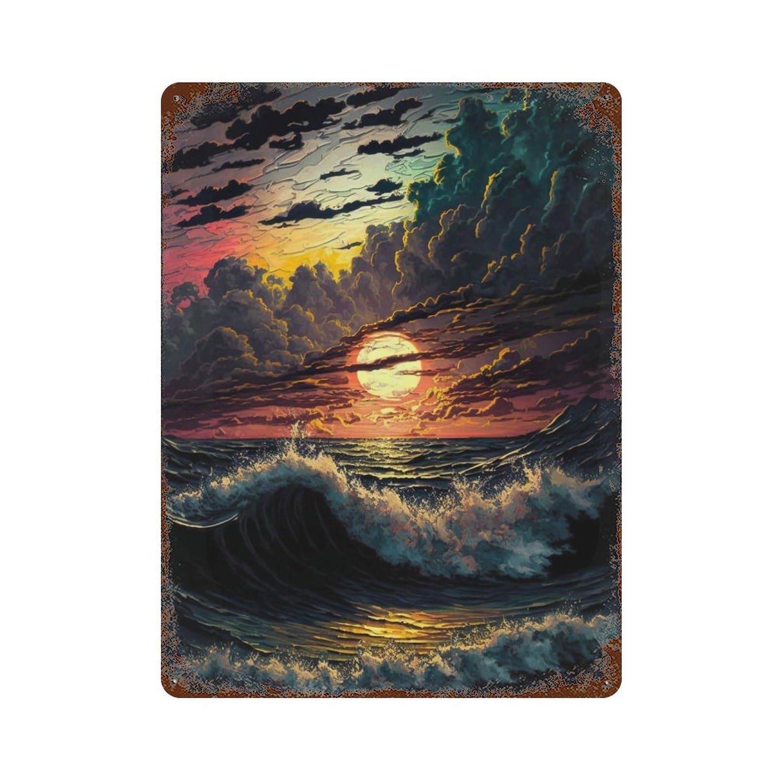 Ocean Sunset Vintage Rust Metal Sign 15.7"x11.8", Classic Wall Plaque for Basement, Hobby Room And Garage Decor