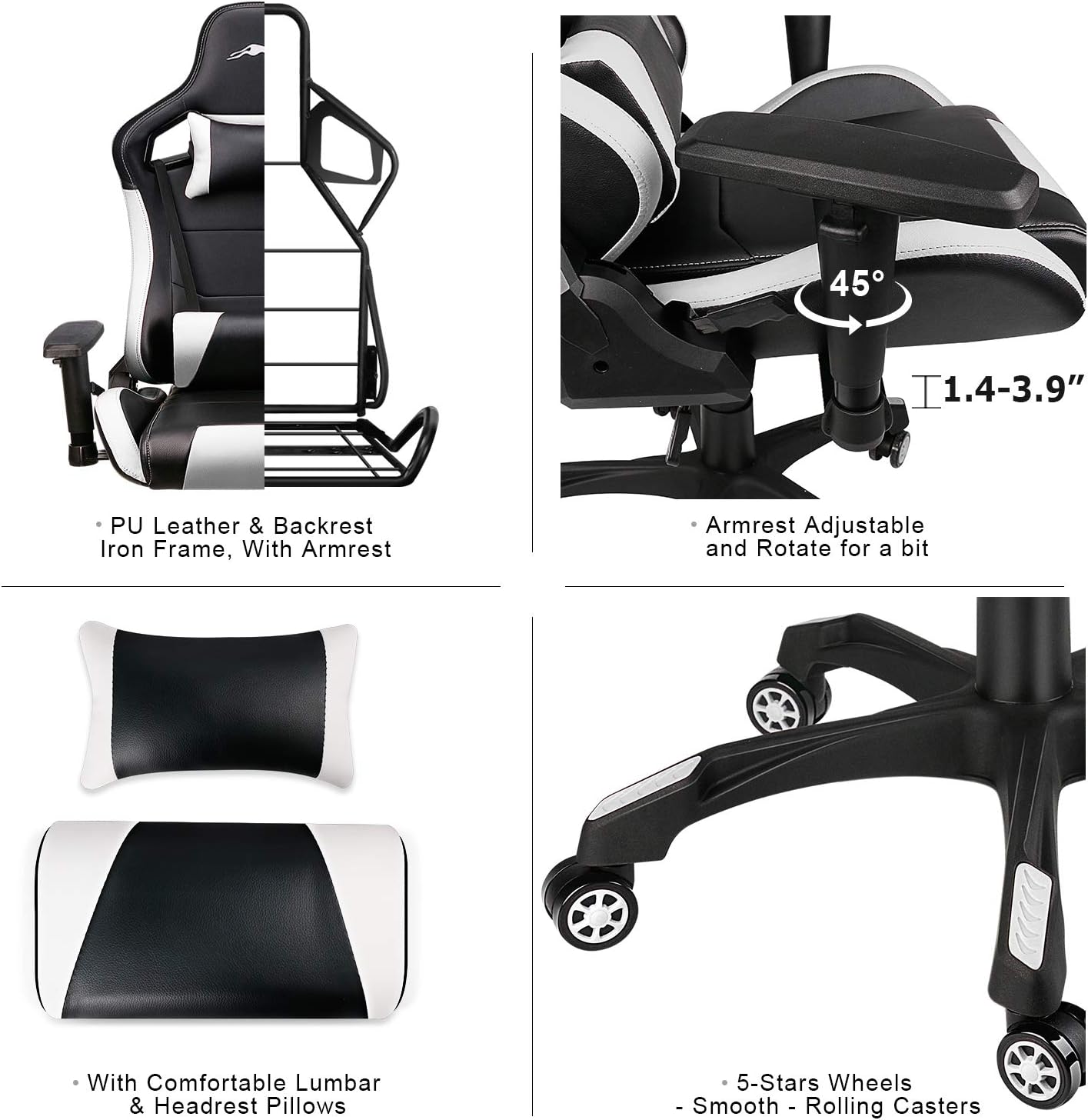 Leopard Gaming Chair, High Back PU Leather Office Chair, Adjustable Video Gaming Chairs, Swivel Racing Chair with Adjustable Armrest (Black/White)