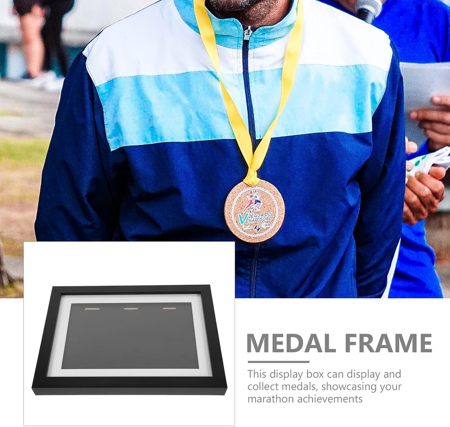Medal Display Case Shadow Box Frame A4 Size 33X24.5Cm Black Wooden Badge Display Holder Desktop Picture Frame for Marathon Medals Wall Mount Horizontal 3-Medal Showcase