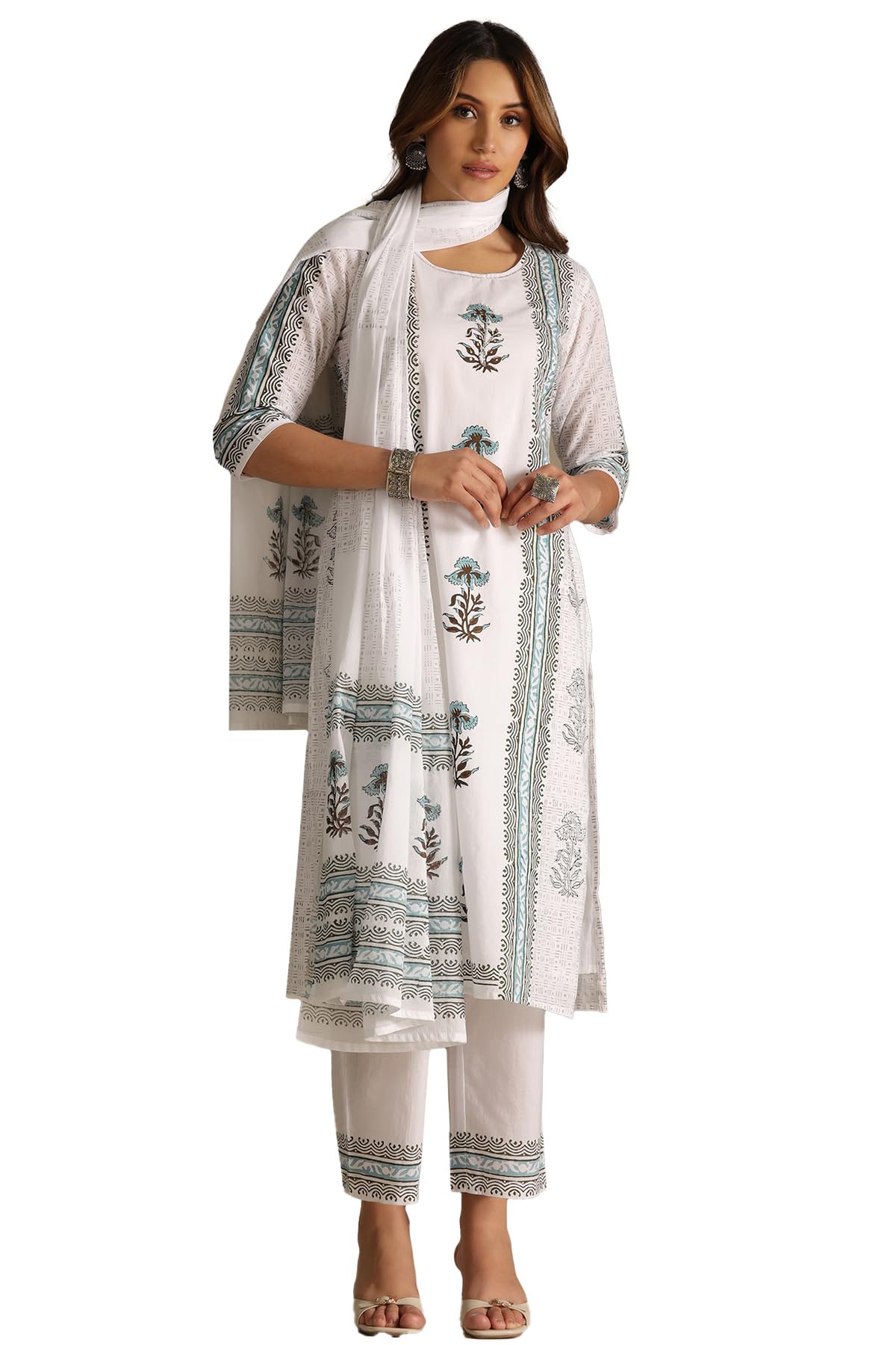 soch Womens White Cotton Floral Print Suit Set With Cutdana-picture-35