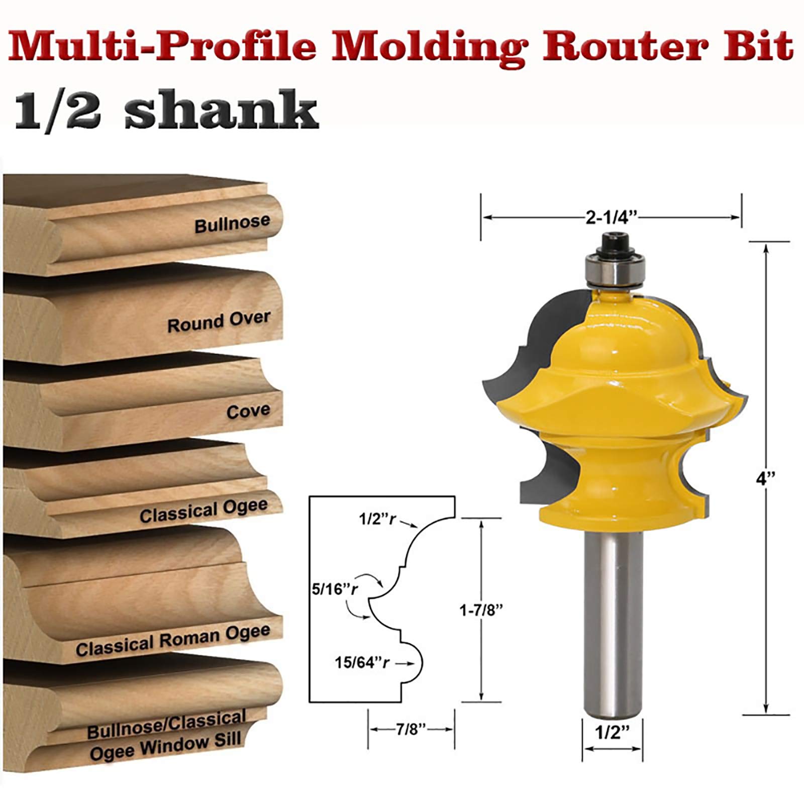 Punta classica del router di stampaggio e bordatura del tallone, bit multi-profilo con gambo da 1/2 pollice, magica multi-forma del router di stampaggio