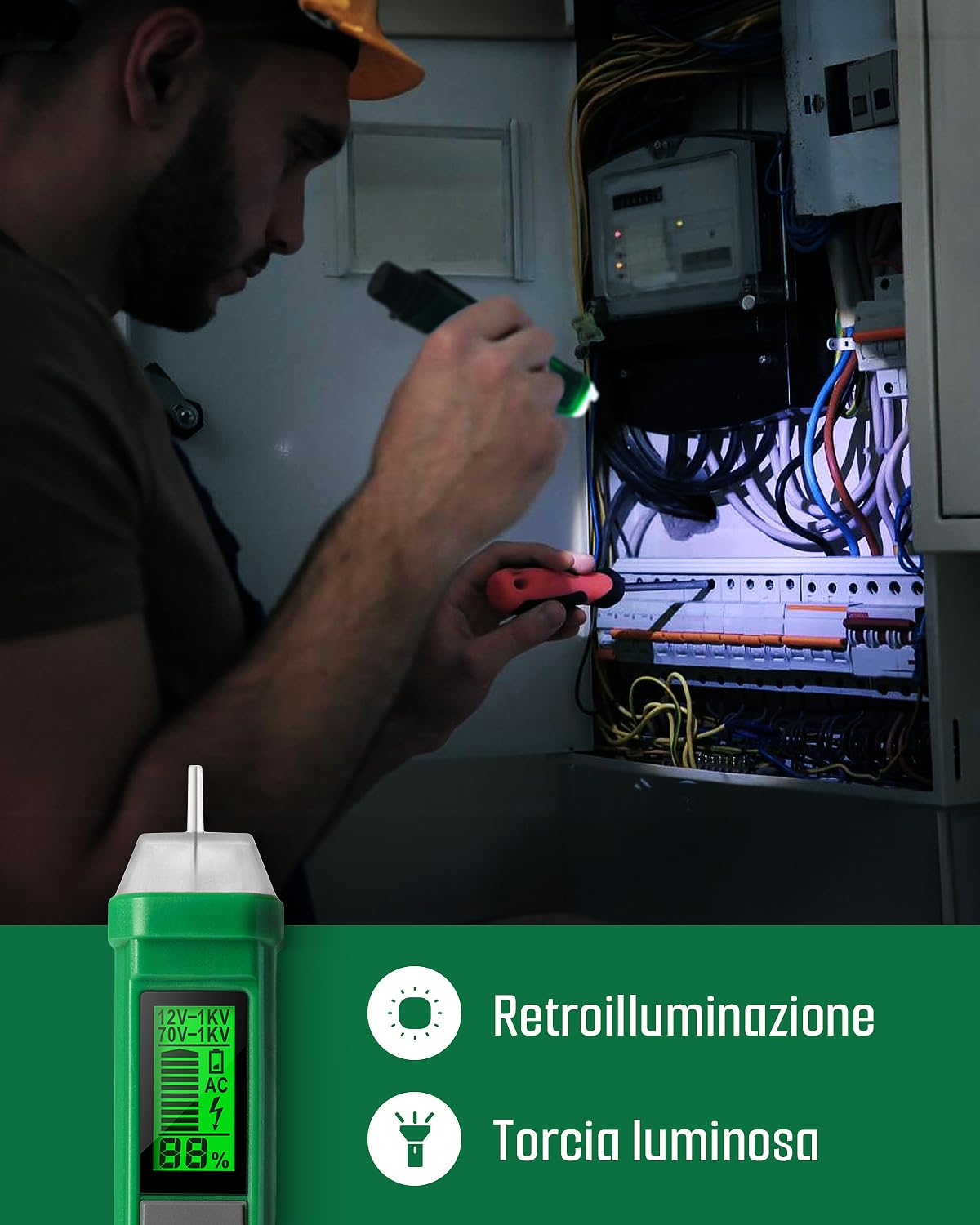 Penna Rilevatore di Tensione, Cercafase, TESMEN TN-213 Tester di Tensione senza Contatto, Elettrico, AC 12V-/70V-1000V, Dual-Range, Display LCD in Percentuale, torcia, Allarme Cicalino - Verde