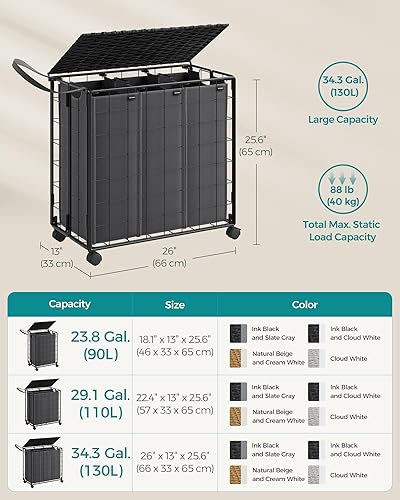 Miniatura 6 de SONGMICS Cesta de lavandería de 130 litros con tapa, cesta de ropa con ruedas, bolsa de forro extraíble plegable, clasificador de ropa hecho en