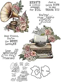 Máquina de escrever vintage e fonógrafo com flores de rosas, carimbos transparentes e matrizes de corte de metal com caixa de envelope de plástico para fazer cartões, faça você mesmo, materiais de