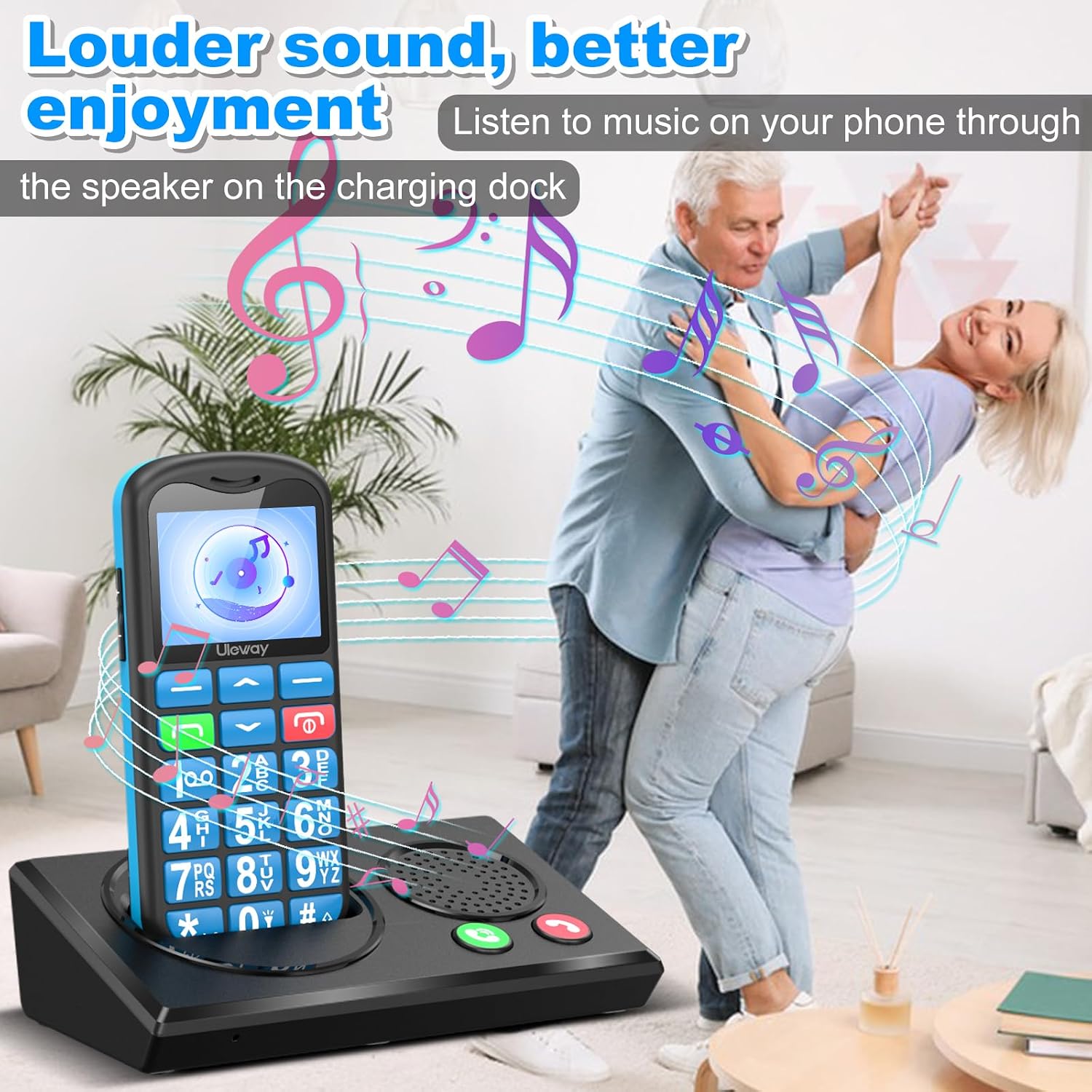 Elderly couple dancing while music plays from the uleway T180GT phone in its charging dock.