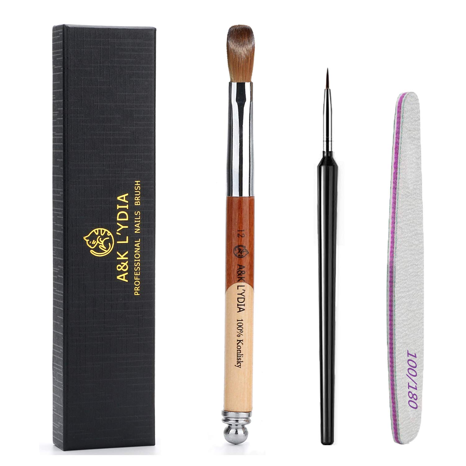 A&K LYDIA Acrylic Nail Brush for acrylic application Manicure crystal Powder Pedicure-2pcs Konlisky Sable hair Acrylic Nails Oval Nail Art Liner Brush With Stitching color Wooden handle