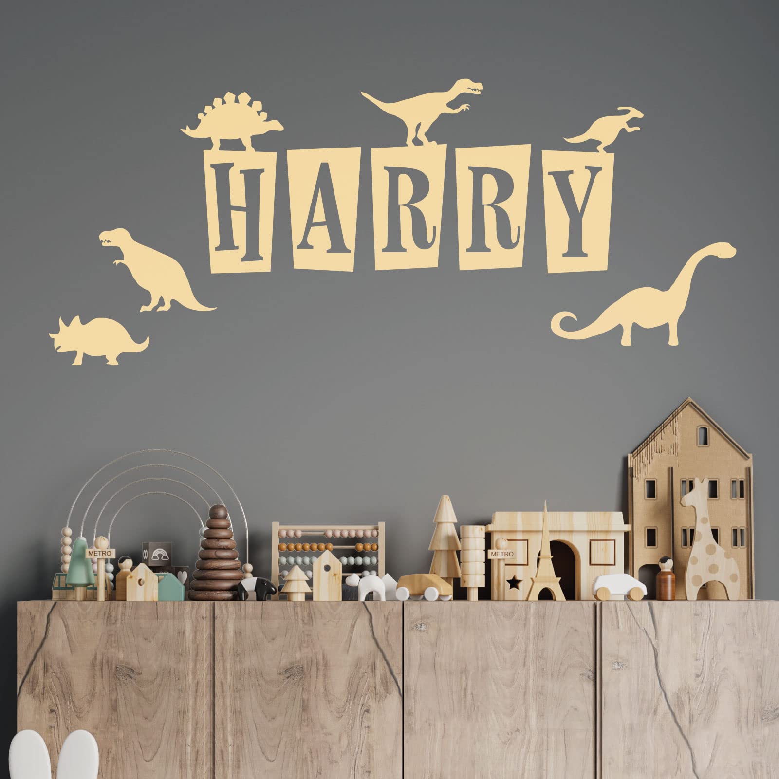 Personalised Name - Dinosaurs, T-Rex, Apatosaurus, Jurassic Era - Children's Bedroom Vinyl Wall Decal Sticker [Medium] [Cream]