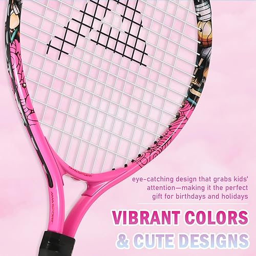 Miniatura 4 de Raqueta de tenis para niños y niñas de 2 a 12 años, raqueta de tenis juvenil multicolor y estilo para principiantes, incluye bolsa de nailon 420D