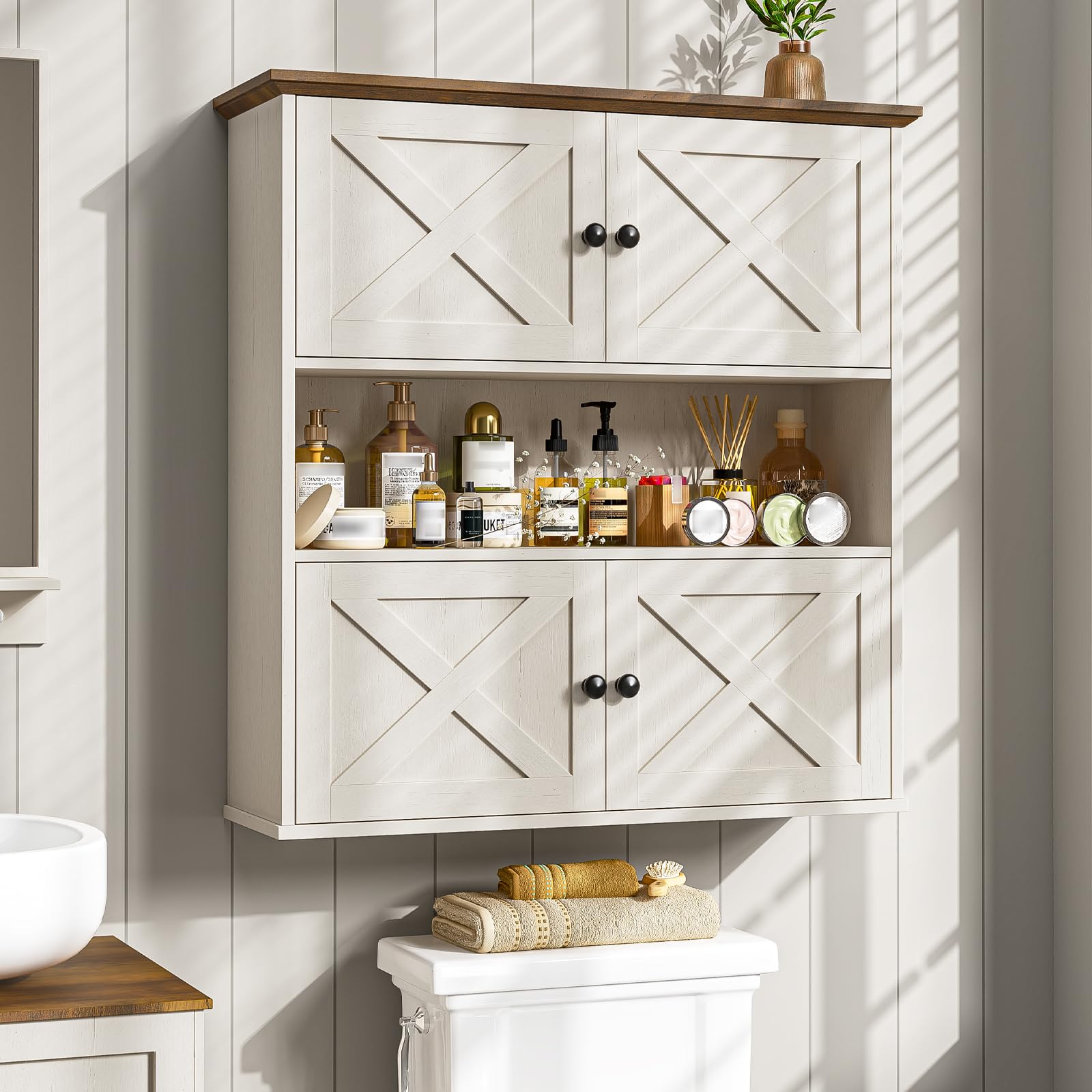 Vabches Bathroom Wall Cabinet, Farmhouse Medicine Cabinet with 4 Barn Doors, Large Wooden Vintage Storage Cabinet Wall Mounted for Bathroom, Kitchen, Rustic White
