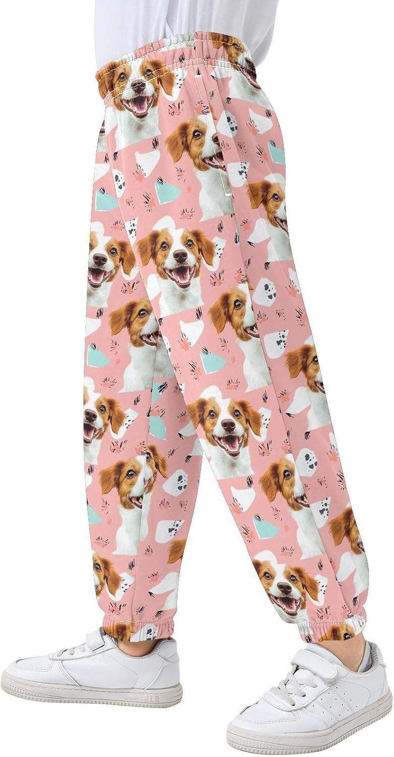 Boy Sweatpants Lovely Dog Pink Animal Joggers Casual Athletic Pants Kids Elastic Waist Cuffed with Pockets
