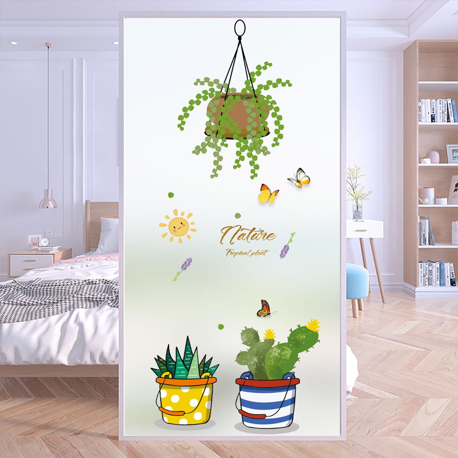 XQKXHZ Peel and Stick Window Film,Static Cling Stained Glass Decorative Window Film Opaque Privacy Non-Adhesive Reusable Frosted Glass Stickers for Bathroom,Kitchen,Office (Green Plants),F,80x200cm