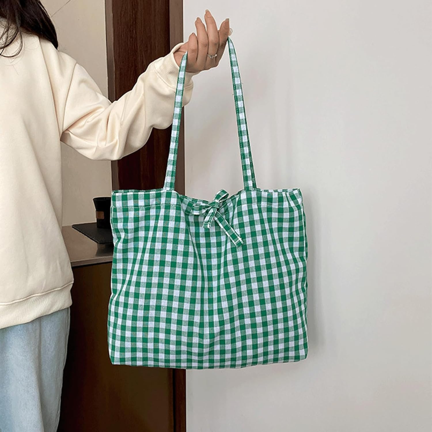 Gingham Tote Bag Vintage Shoulder Tote Lightweight Shoulder Bag Gingham Large Capacity Handbag - Image 3
