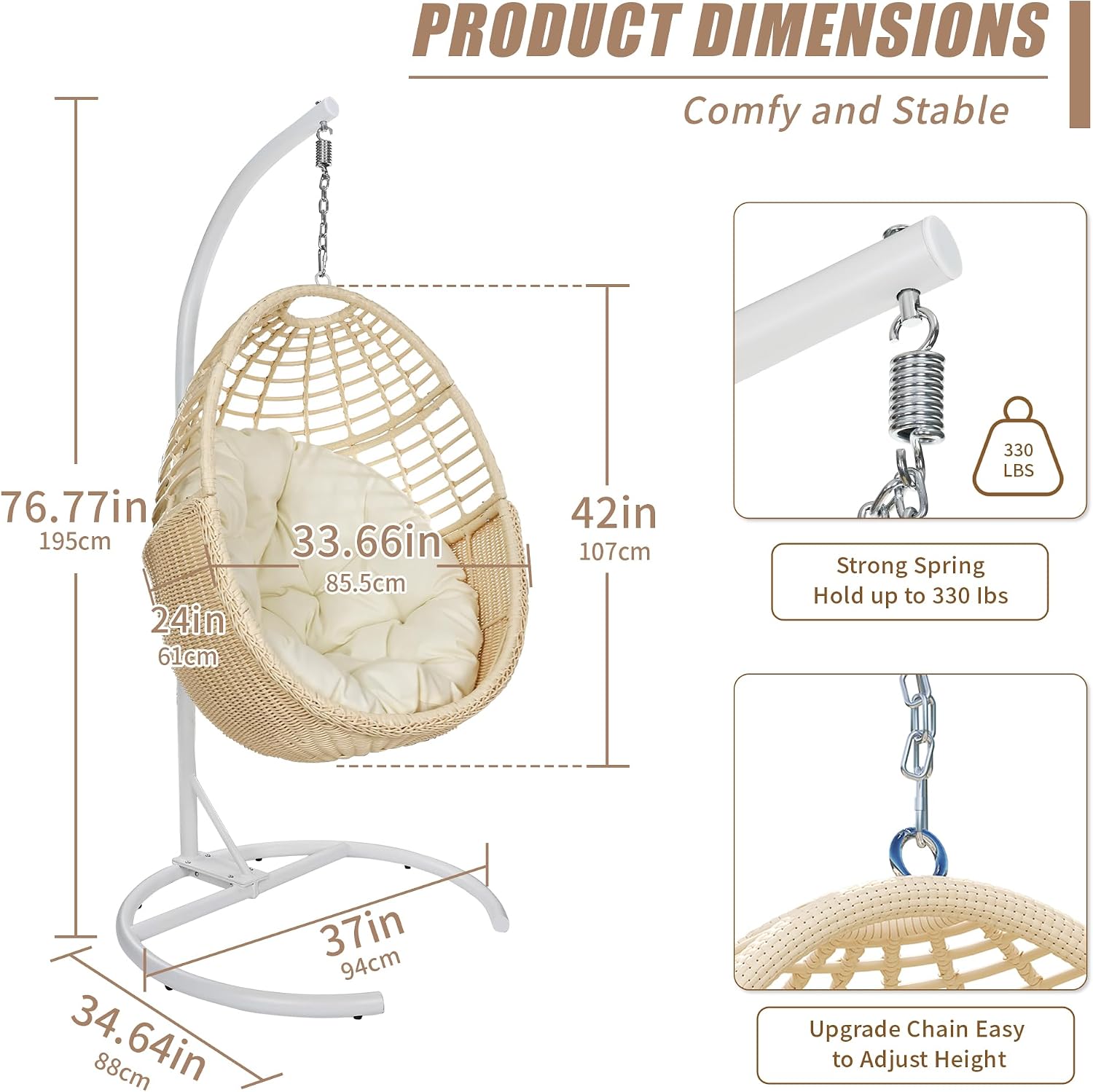 TWT Hanging Egg Chair, Indoor Outdoor Thickened Alloy Steel Frame & UV Resistant Cushion, 330lbs Capacity, Perfect for Patio Bedroom Balcony, Light Beige