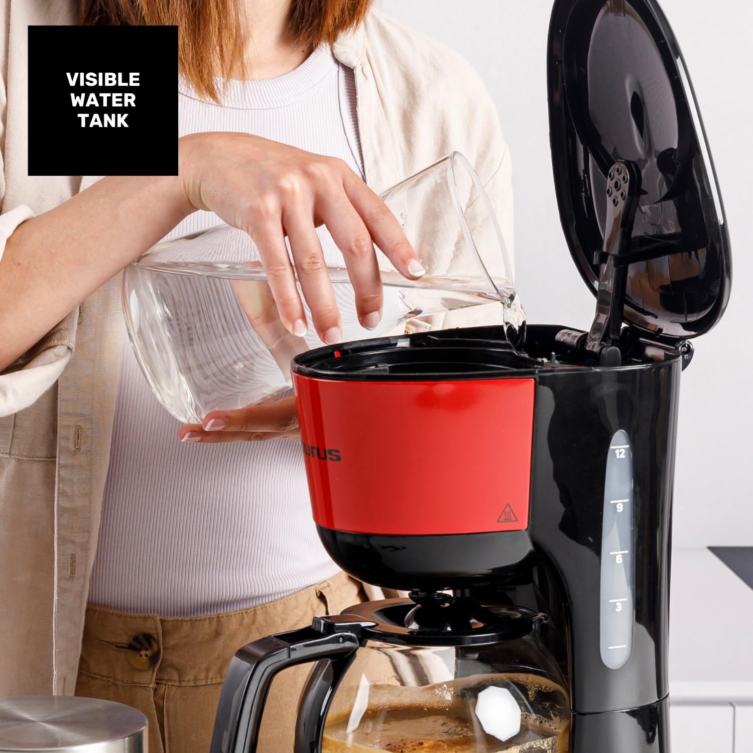Taurus – Cafetera de Goteo Verona Vintage Red, 12 Tazas, 1000W, Jarra Cristal graduada, Depósito Agua Visible, Filtro Reutilizable, Auto Apagado, Placa calefactora