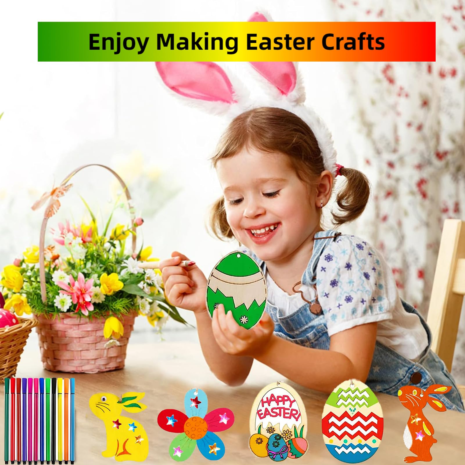Yotako 67 pezzi Pasqua fai da te per bambini, ciondoli in legno di Pasqua da dipingere, set fai da te Pasqua con pennello, tavolozza di colori, decorazione fai da te