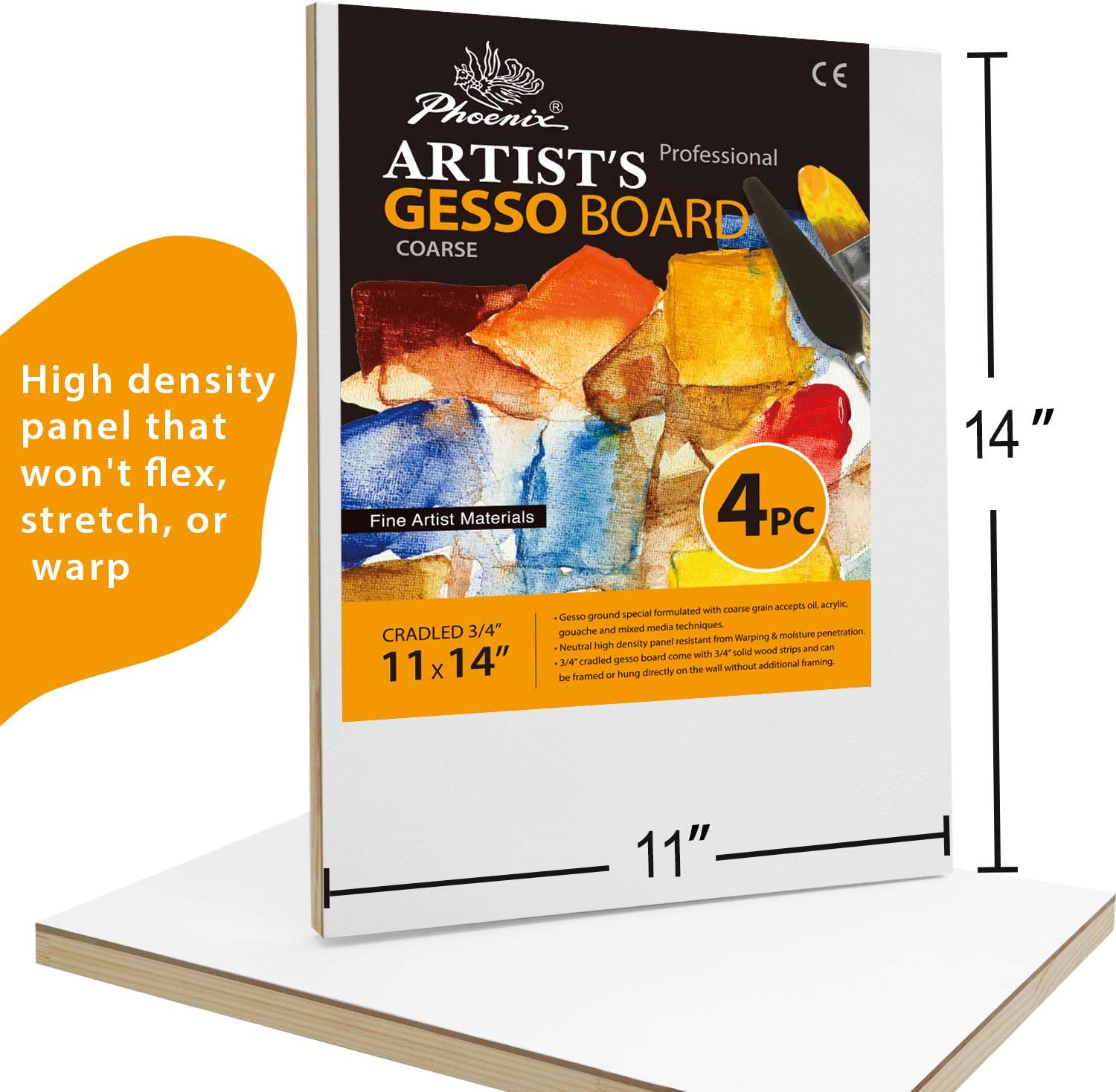 PHOENIX Gesso Boards for Painting - 11x14 Inch / 4 Pack - Coarse Surface 3/4 Inch Cradled Wood Panels for Oil & Acrylic Paints, Crafts & Pouring Art