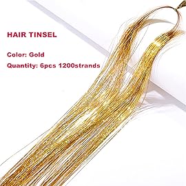 Gold Hair Tinsel Kit with Tool 6pcs 1200 Strands Glitter Tinsel Hair Extensions Heat Resistant Sparkling Shiny Fairy Hair Accessories for Women Girls Kids 47Inch