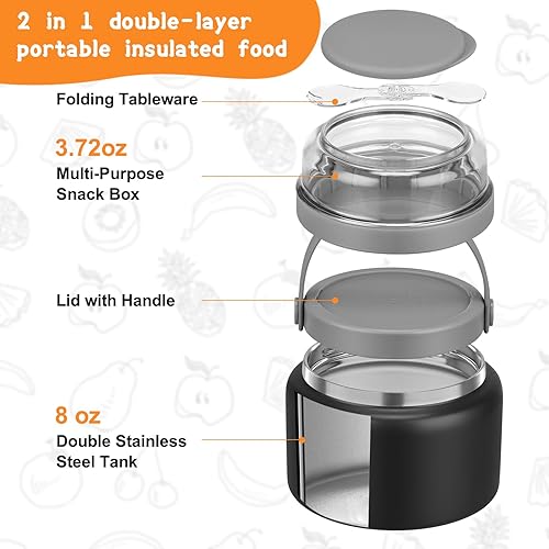 Miniatura 10 de Tarro de comida 2 en 1 con doble aislamiento térmico de sopa de 8 onzas con contenedor de aperitivos, termo para niños para comida caliente,