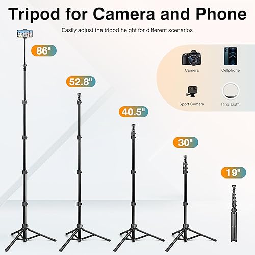 Miniatura 5 de Trípode de teléfono, trípode de 86 pulgadas para teléfono, trípode para selfie stick para grabar fotos Vlog, trípode de viaje con soporte remoto de
